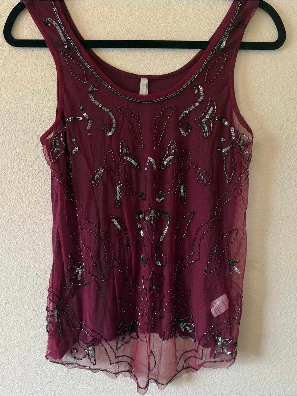 Vanity Beaded Tank Top Womens Small Burgundy Sheer Mesh Party